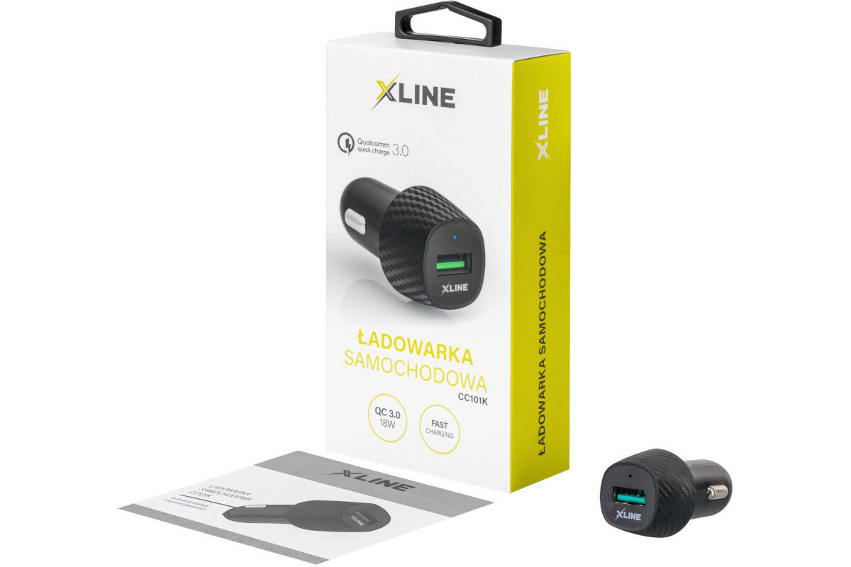 ŁADOWARKA SAMOCHODOWA X LINE 1XUSB 3A QC 3.0 CC101 zawartosc opakowania
