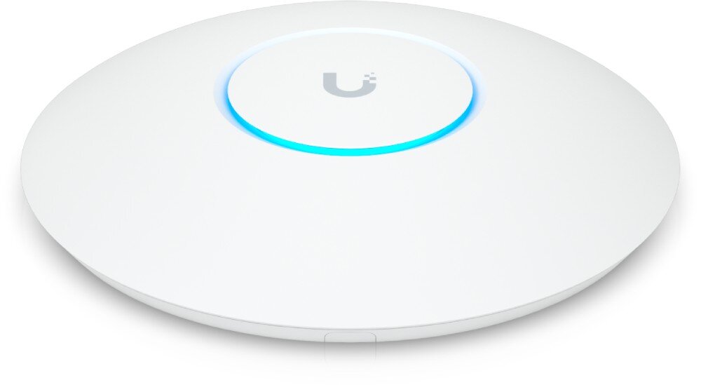 Punkt dostępowy UBIQUITI UAP-AC-PRO-5 Białe płaskie urządzenie w kształcie dysku z podświetlonym na niebiesko okręgiem pośrodku obudowy