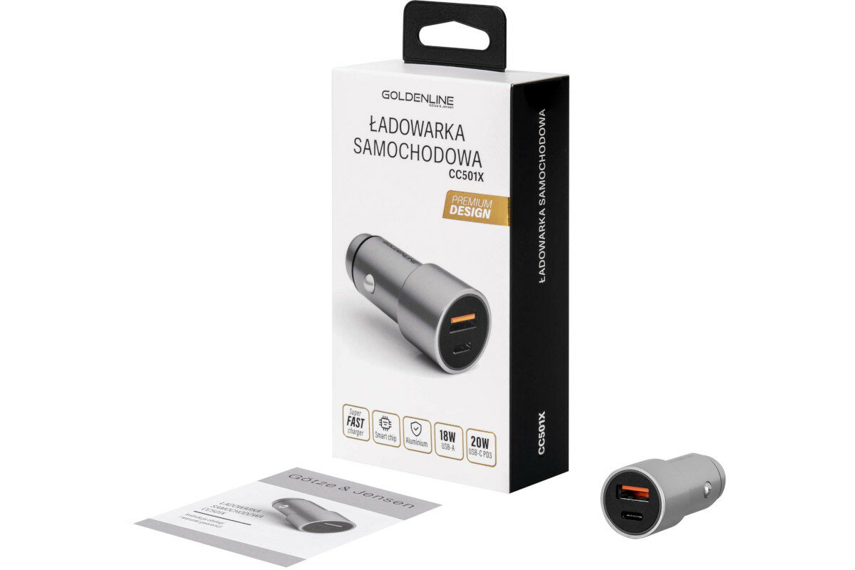 LADOWARKA SAMOCHODOWA GOLDEN LINE QC3 18W + PD3 60W CC701 + KABEL C-C 2M zabezpieczenie napiecie