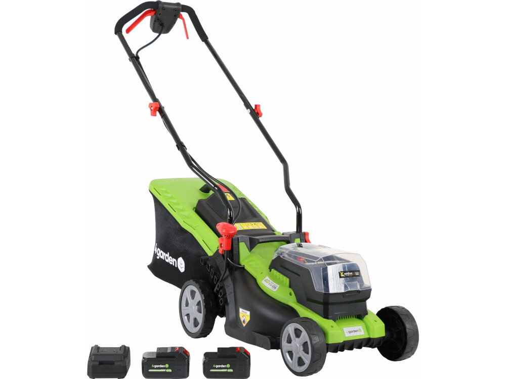Kosiarka akumulatorowa 4GARDEN AM3422S w zestawie instrukcja obsługi w polskiej wersji językowej karta gwarancyjna dwa akumulatory litowo-jonowe AK204 szybka ładowarka QC20 komplet motylków do rączek nóż tnący kosz na trawę zestaw narzędzi montażowych