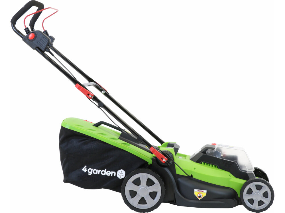 Kosiarka akumulatorowa 4GARDEN AM4122S silnik elektryczny indukcyjny wydajne urządzenie swoboda ruchu urucahmianie dźwignia gazu przyscisk START klucz bezpieczeństwa
