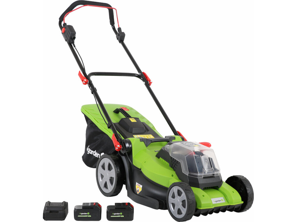 Kosiarka akumulatorowa 4GARDEN AM4122S w zestawie instrukcja obsługi w polskiej wersji językowej karta gwarancyjna dwa akumulatory litowo-jonowe AK204 szybka ładowarka QC20 komplet motylków do rączek nóż tnący kosz na trawę zestaw narzędzi montażowych