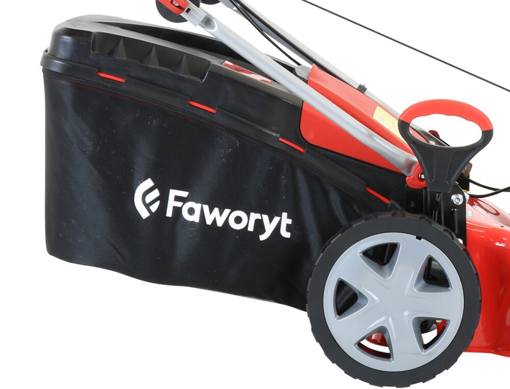 Kosiarka spalinowa FAWORYT WA46P170-3W1 siatkowy kosz pojemność plastikową pokrywą podzespoły z bardzo mocnych tworzyw stalowa konstrukcja