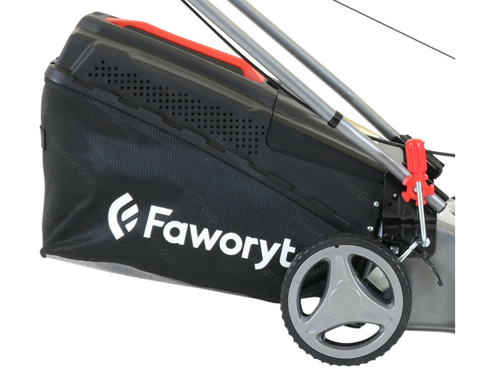 Kosiarka spalinowa FAWORYT DK46P150 siatkowy kosz pojemność plastikową pokrywą koła nie wystawały poza obrys podzespoły z bardzo mocnych tworzyw stalowa konstrukcja