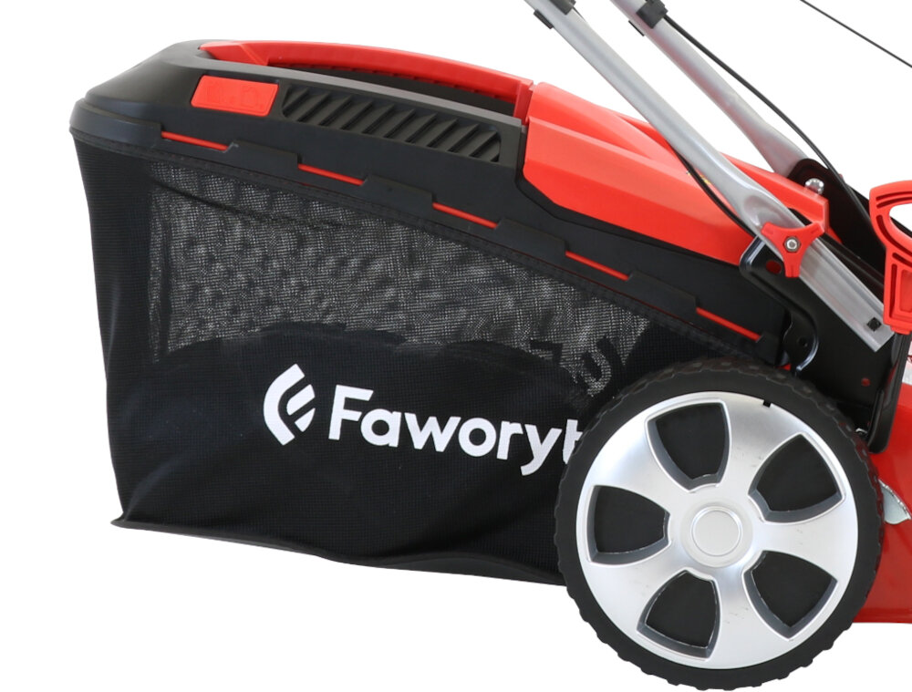 Kosiarka spalinowa FAWORYT SHA46N139L-4W1 z napędem siatkowy kosz pojemność plastikową pokrywą podzespoły z bardzo mocnych tworzyw stalowa konstrukcja