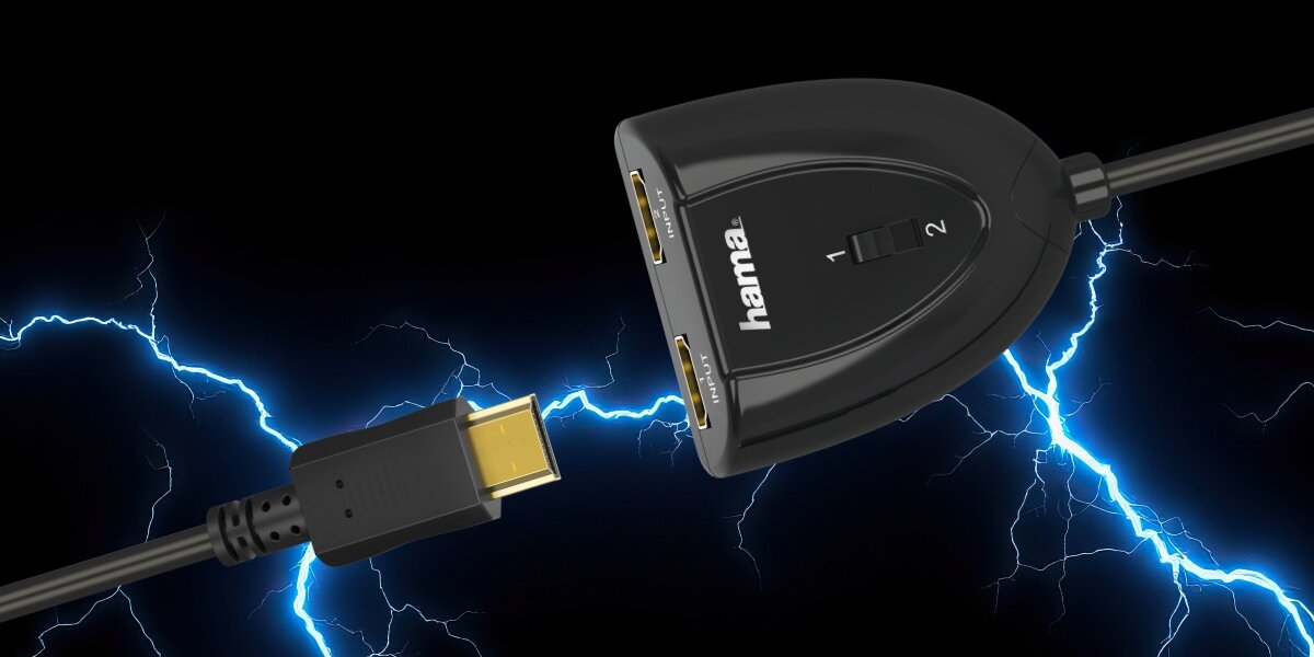 Kabel HDMI - 2xHDMI HAMA - Płynna zmiana sygnału, rozdzielacz na czarnym tle