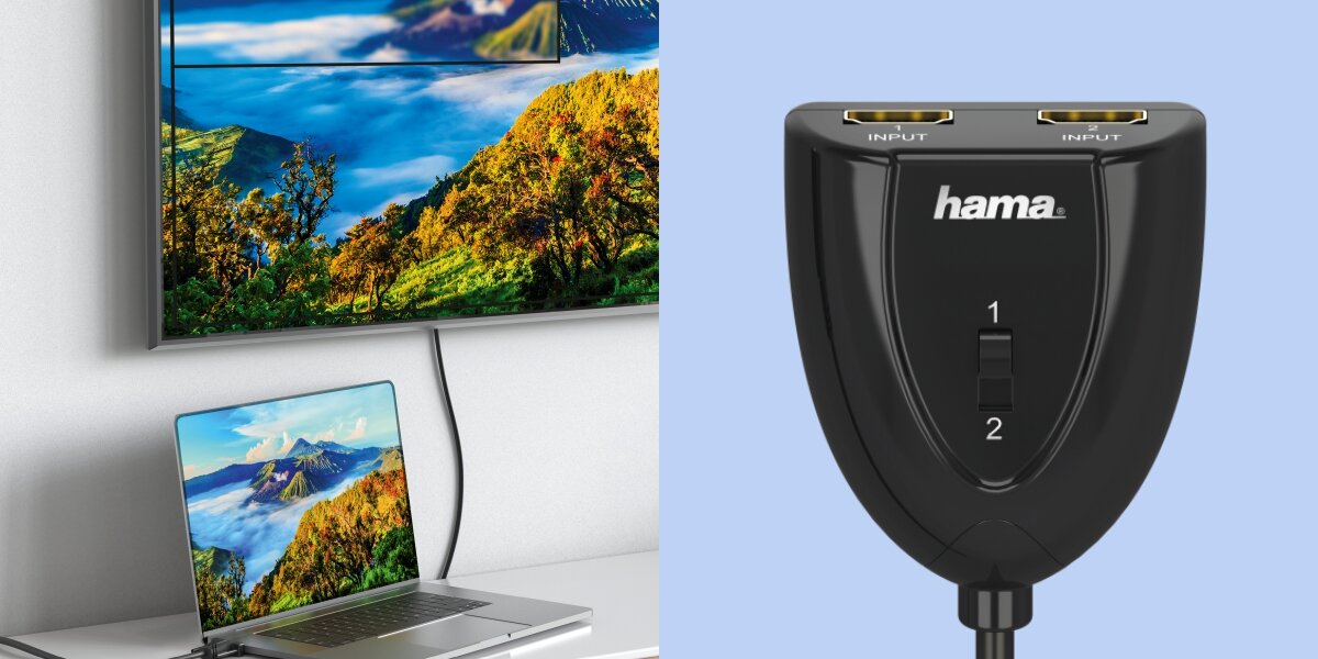 Kabel HDMI - 2xHDMI HAMA - Proste sterowanie źródłem, ręczny przełącznik, HDCP, telewizor zawieszony na ścianie obok laptopa