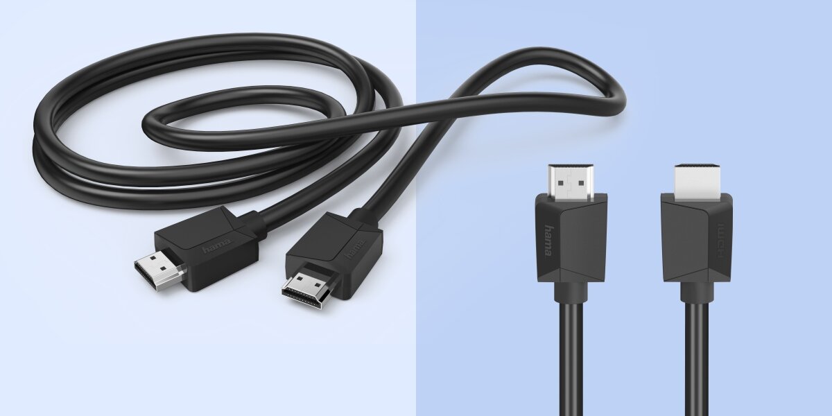 Kabel HDMI-HDMI HAMA 3 m - Obraz i dźwięk w 4K, HDR, Ultra HD 4096x2160 pikseli, kabel HDMI na niebieskim tle