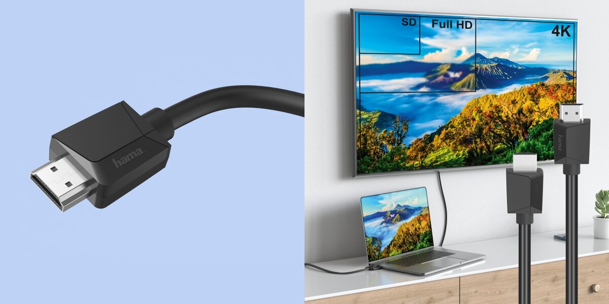 Kabel HDMI-HDMI HAMA 3 m - Czystość obrazu i barw, solidne ekranowanie, telewizor zawieszony na ścianie z podłączonym laptopem poprzez HDMI