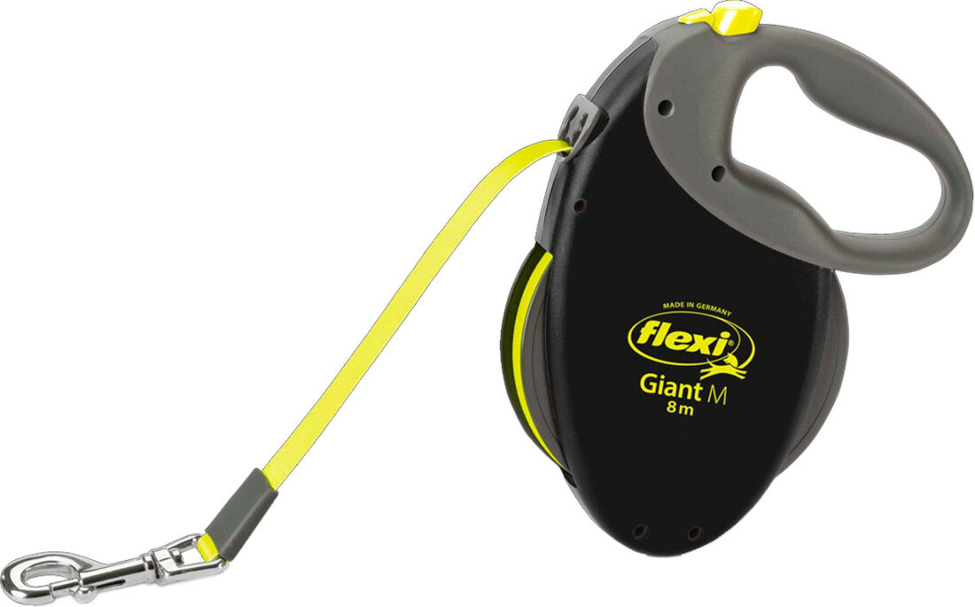 Smycz FLEXI Giant Neon M (8 m - 25 kg) Czarno-żółty Ergonomiczny kształt wygoda użytkowania opływowy kształt solidny uchwyt kontrola wygodna obsługa stabilność bezpieczeństwo spacery