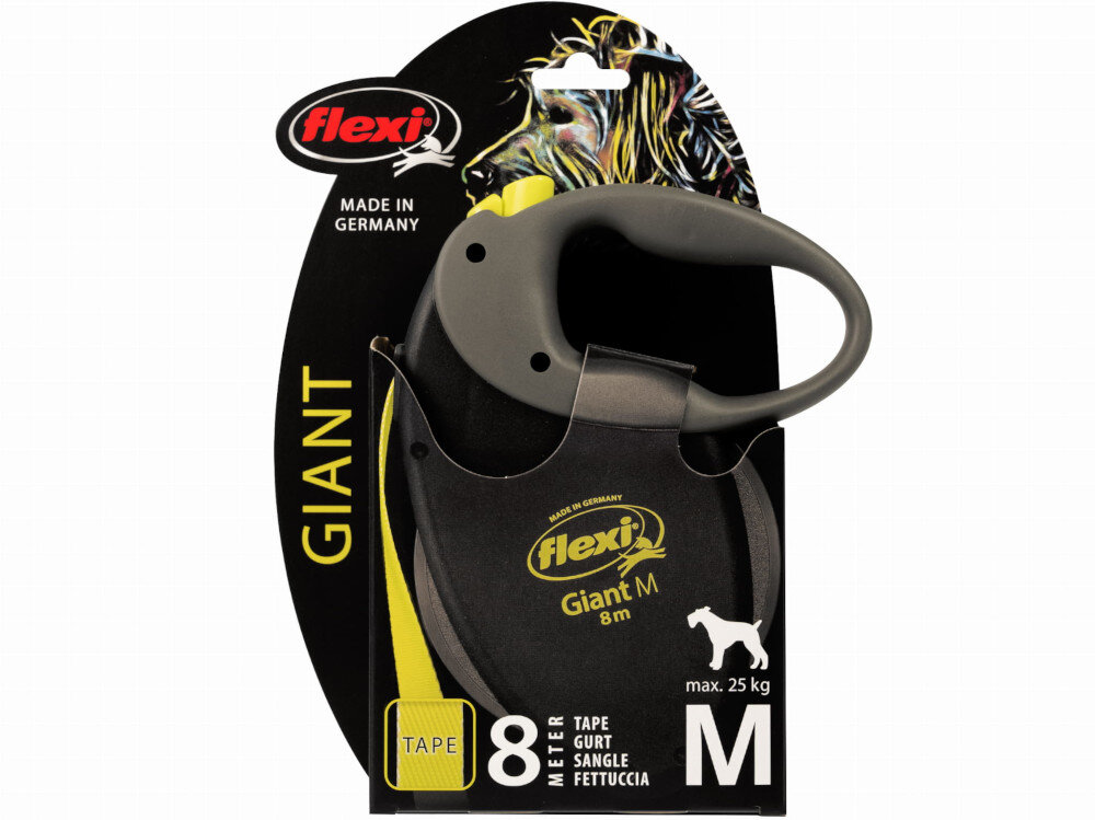 Smycz FLEXI Giant Neon M (8 m - 25 kg) Czarno-żółty Długa taśma system hamowania system hamowania i blokowania kontrola