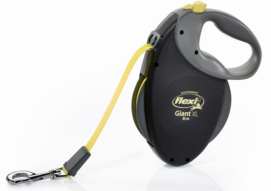 Smycz FLEXI Giant Neon XL (8 m - 75 kg) Czarno-żółty Ergonomiczny kształt wygoda użytkowania opływowy kształt solidny uchwyt kontrola wygodna obsługa stabilność bezpieczeństwo spacery