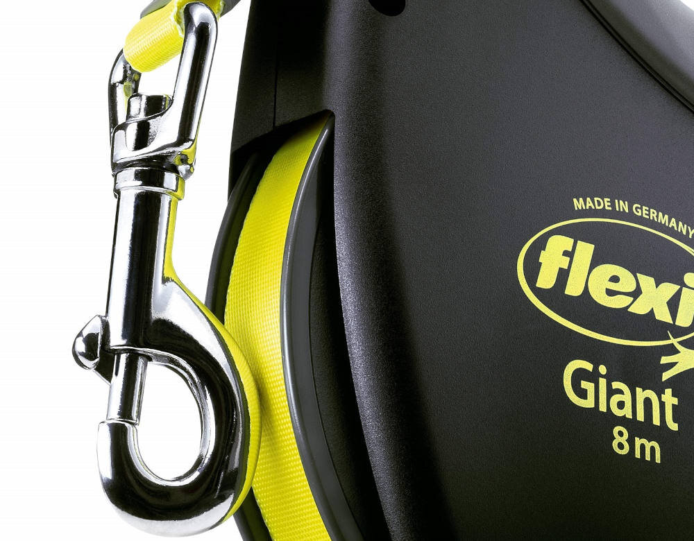 Smycz FLEXI Giant Neon XL (8 m - 75 kg) Czarno-żółty Przemyślane detale waga lekka wygoda użytkowania chromowany solidny karabińczyk łatwa do przechowywania i transportu