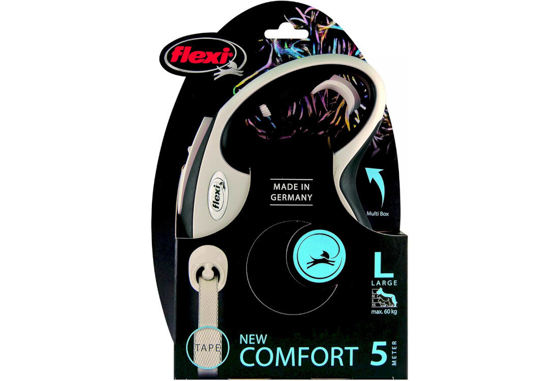 Smycz FLEXI New Comfort L (5 m - 60 kg) Czarny Dopasowana do dużych psów przeznaczenie waga chromowany karabińczyk taśma długość waga