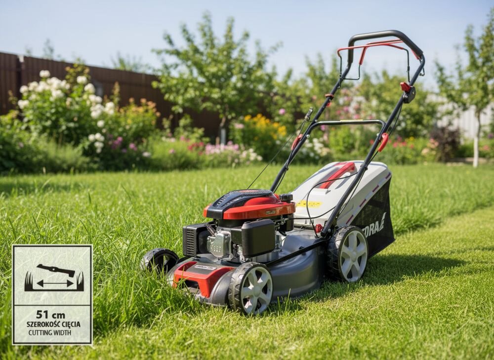 Kosiarka spalinowa na trawniku z widocznym logo \'DEDRA\' na koszu. W lewym dolnym rogu znajduje się ikona z tekstem \'51 cm SZEROKOŚĆ CIĘCIA CUTTING WIDTH\'.