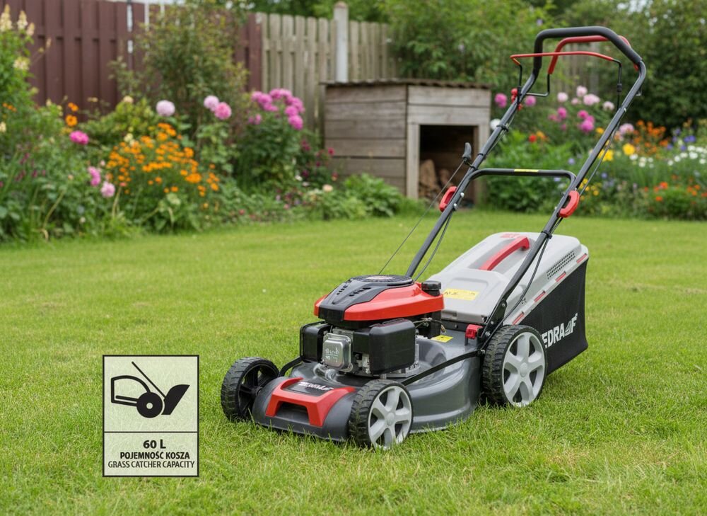 Na trawniku stoi kosiarka spalinowa z czerwonymi i czarnymi elementami, obok której znajduje się znak z napisem \'60 L pojemność kosza grass catcher capacity\'. W tle widoczne są kwiaty i drewniana szopa.