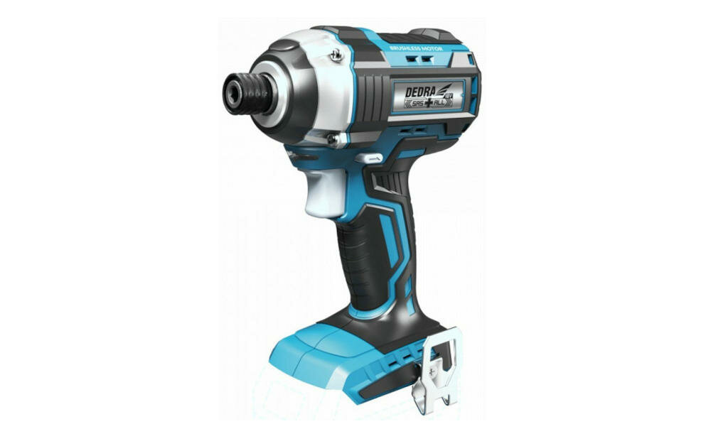 DEDRA-DED7145 zakrętarka udarowa akumulatorowa wydajne urządzenie moment obrotowy wkręcanie wkręt oświetlenie miejsce praca przełącznik kierunek obroty zaczep pasek ergonomiczna rękojeść antypoślizgowy materiał wygoda