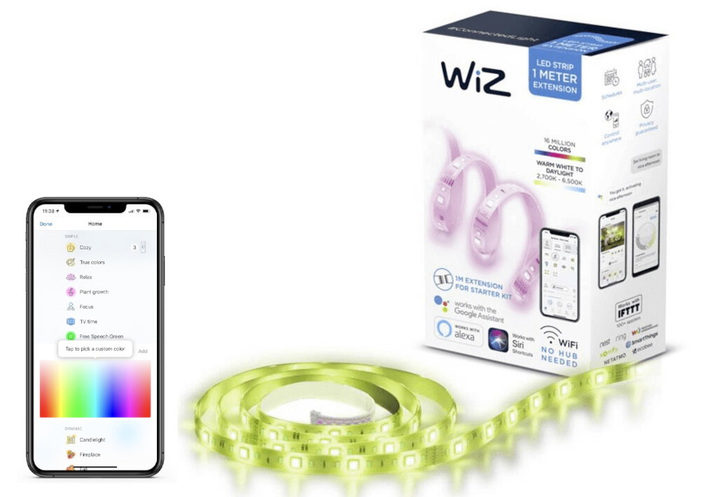 Taśma LED WIZ 9290025321 1 m możliwość bezpośredniego sterowania za pomocy aplikacji mobilnej inteligentnym asystentom głosowym Amazon Alexa Siri Google Assistant proste polecenia głosowe