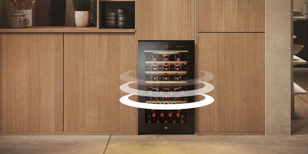 CHŁODZIARKA DO WINA HAIER HWS49GA grafika zabudowa front Jedna strefa chłodzenia równomierna temperatura wino trunki chłodzenie wina biale czerwone musujące