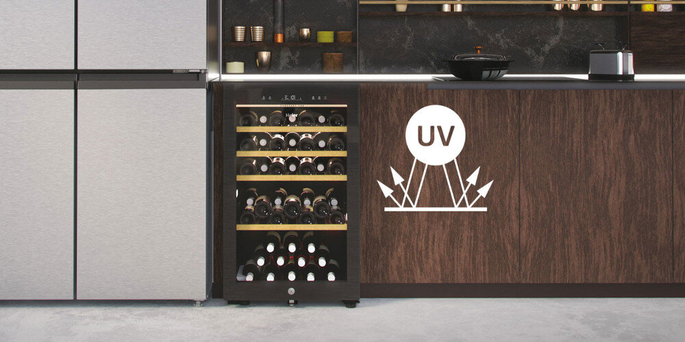 CHŁODZIARKA DO WINA HAIER HWS49GA lifestyle front zamknieta butelki ikona Ochrona przed światłem UV filtr anty UV ochrona jakość filtry Zabezpieczenie wina
