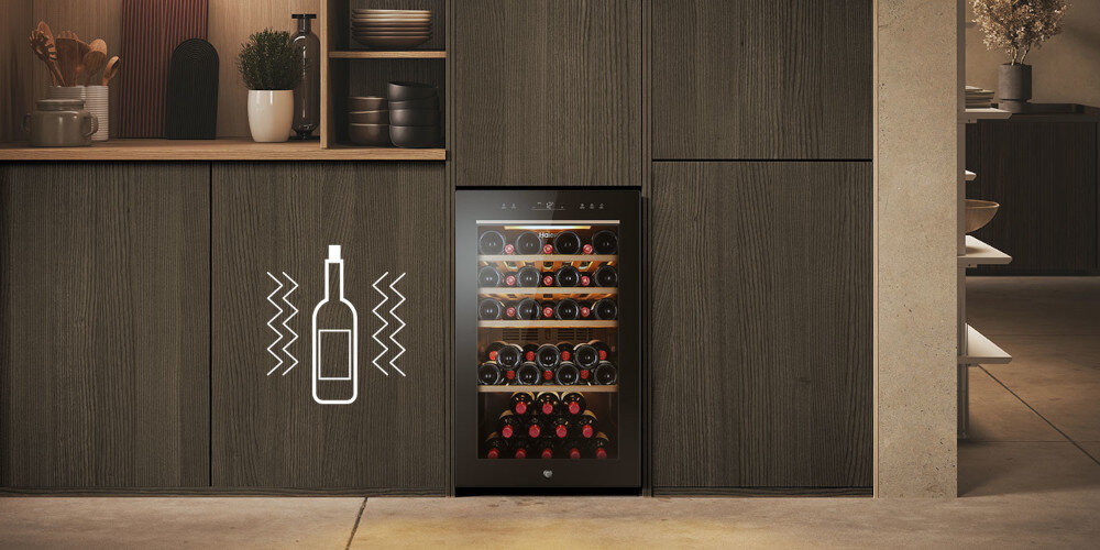 CHŁODZIARKA DO WINA HAIER HWS49GA zabudowa lifestyle ikona system antywibracyjny ochrona butelek bez drgań minimalizacja wstrząsów stabilność cisza