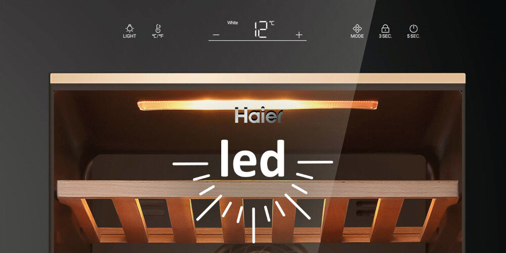 CHŁODZIARKA DO WINA HAIER HWS49GA ikona Oświetlenie LED ciepłe punktowe diody górne boczne podkreślenie ekspozycji bez emitacji ciepła stała temperatura