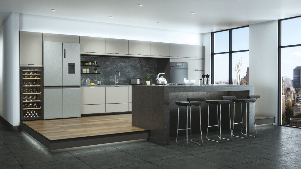 CHŁODZIARKA DO WINA HAIER HWS84GA lifestyle zabudowa front kuchnia Dla prawdziwych koneserów lodówka Jedna strefa chłodzenia kontrola intuicyjny panel Cyfrowy Zawsze pod kontrolą wyświetlacz filtr węglowy system antywibracyjny Oświetlenie LED ciepłe punktowe diody System blokowania drzwi