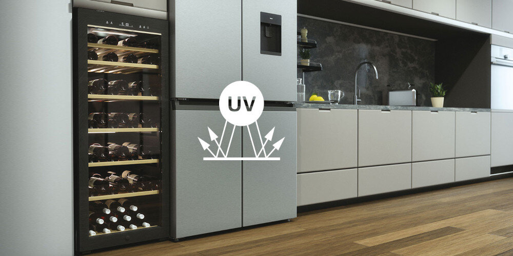 CHŁODZIARKA DO WINA HAIER HWS84GA lifestyle front zamknieta butelki ikona Ochrona przed światłem UV filtr anty UV ochrona jakość filtry Zabezpieczenie wina