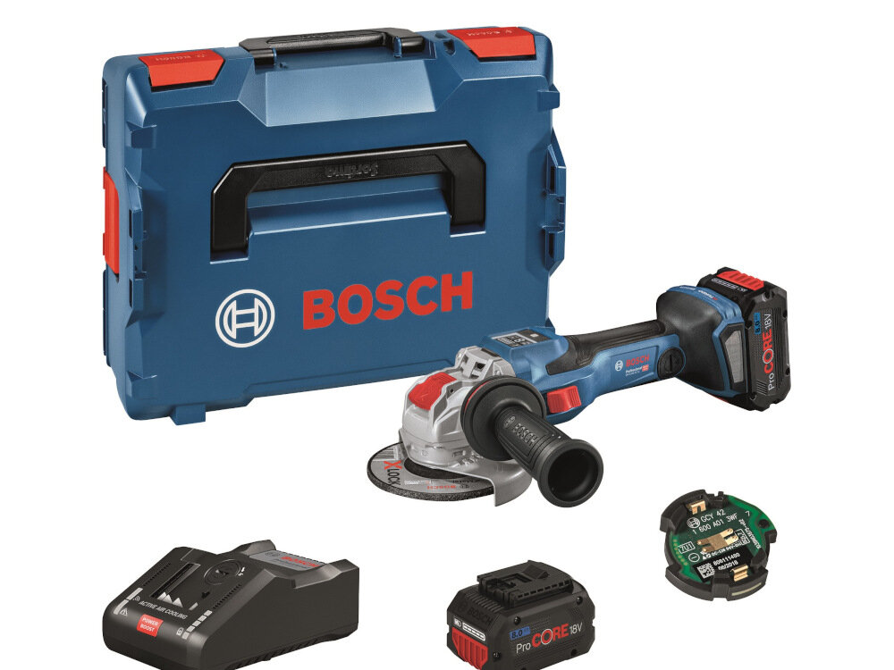 Szlifierka kątowa BOSCH Professional GWX 18V-15 SC 06019H6501 dwa akumulatory ladowark rekojesc pomocnicza oslona tarczy walizka wypelnienie modul Bluetooth GCY 30-4 dokumentacja
