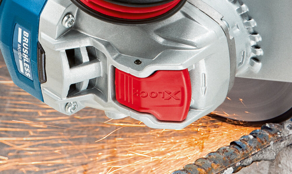 Szlifierka kątowa BOSCH Professional GWX 18V-10 06017B0102 system X-Lock jedno klikniecie mocowanie osprzetu bardziej plaskie szlifowanie brak nakretki mniejszy dystans z obrabianym materialem tarcza o srednicy 125 mm