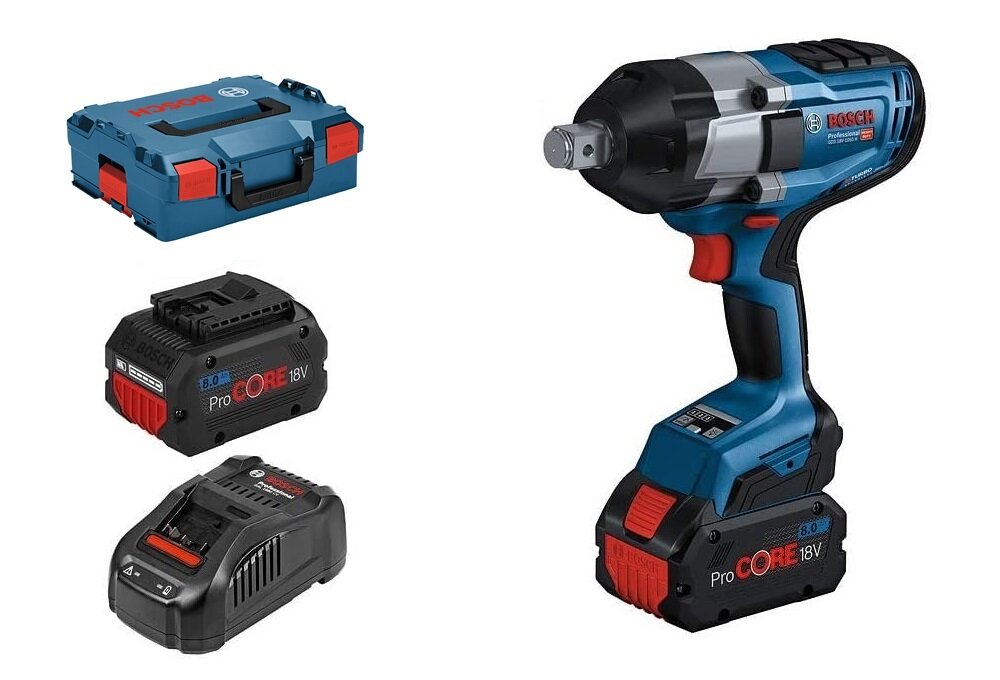 Klucz udarowy BOSCH Professional GDS 18V-1050 H 06019J8502 zdjęcie zestawu w zestawie narzędzie dwa akumulatory ładowarka walizka L-BOXX 136 wypełnienie do walizki na urządzenie i ładowarkę zaczep do drabiny dokumentacja