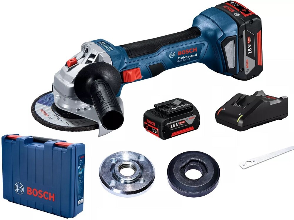 Szlifierka kątowa BOSCH Professional GWS 180-LI 06019H9021 zestaw dwa akumulatory ladowarka rekojesc pomocnicza oslona nakretka mocujaca kolnierz mocujacy klucz ocz' walizka narzedziowa istrukcja obslugi w jezyku polskim karta gwarancyjna