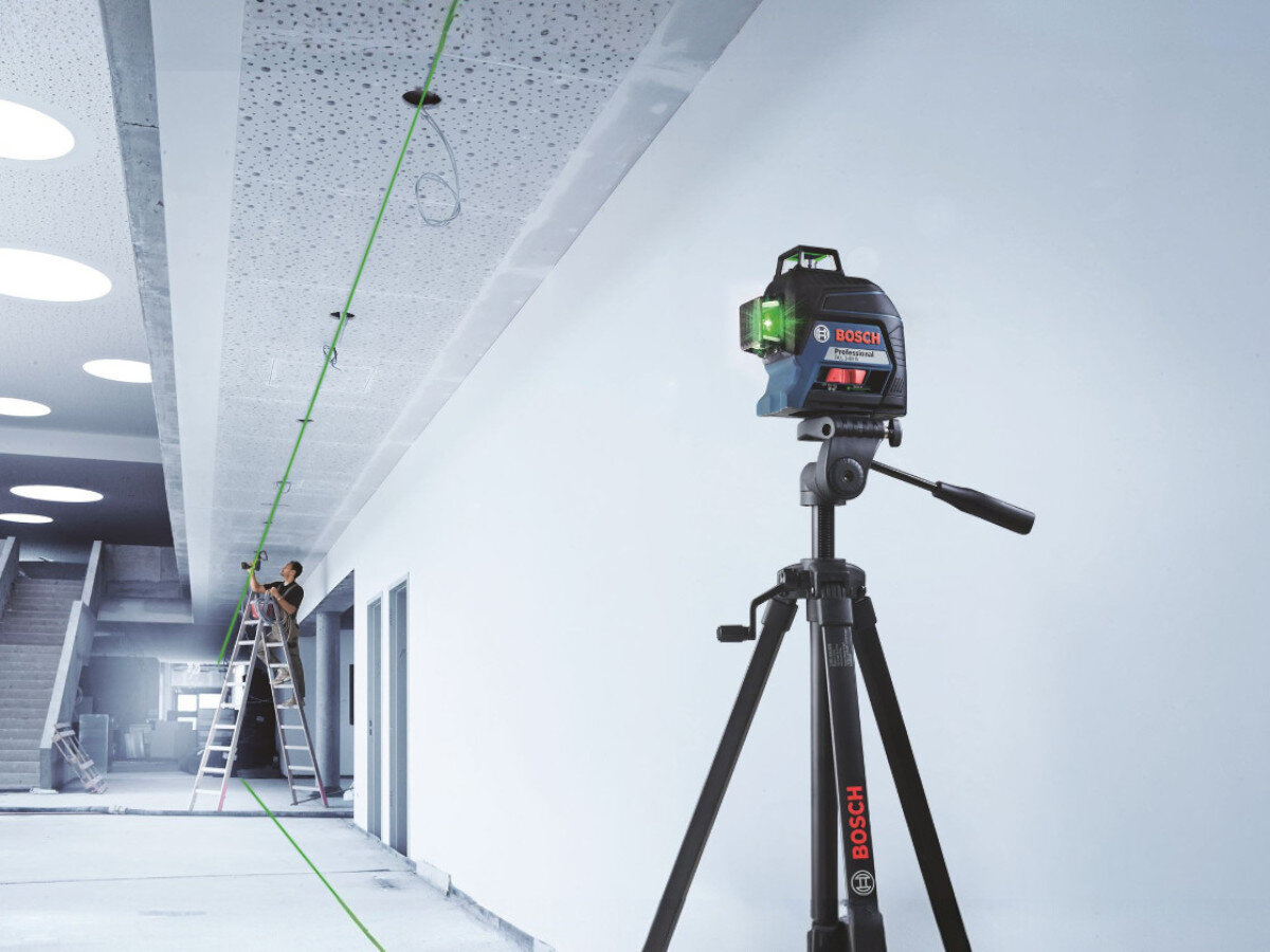 Laser liniowy BOSCH Professional GLL 3-80 G 0601063Y00, zasięg, odbiornik, budowa, dystans, Praca z laserem 360 stopni przy montażu ścian g-k.