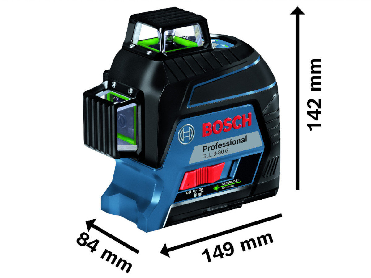 Laser liniowy BOSCH Professional GLL 3-80 G 0601063Y00, IP54, ochrona, waga, wymiary, Wymiary lasera liniowego Bosch GLL 3-80 G.