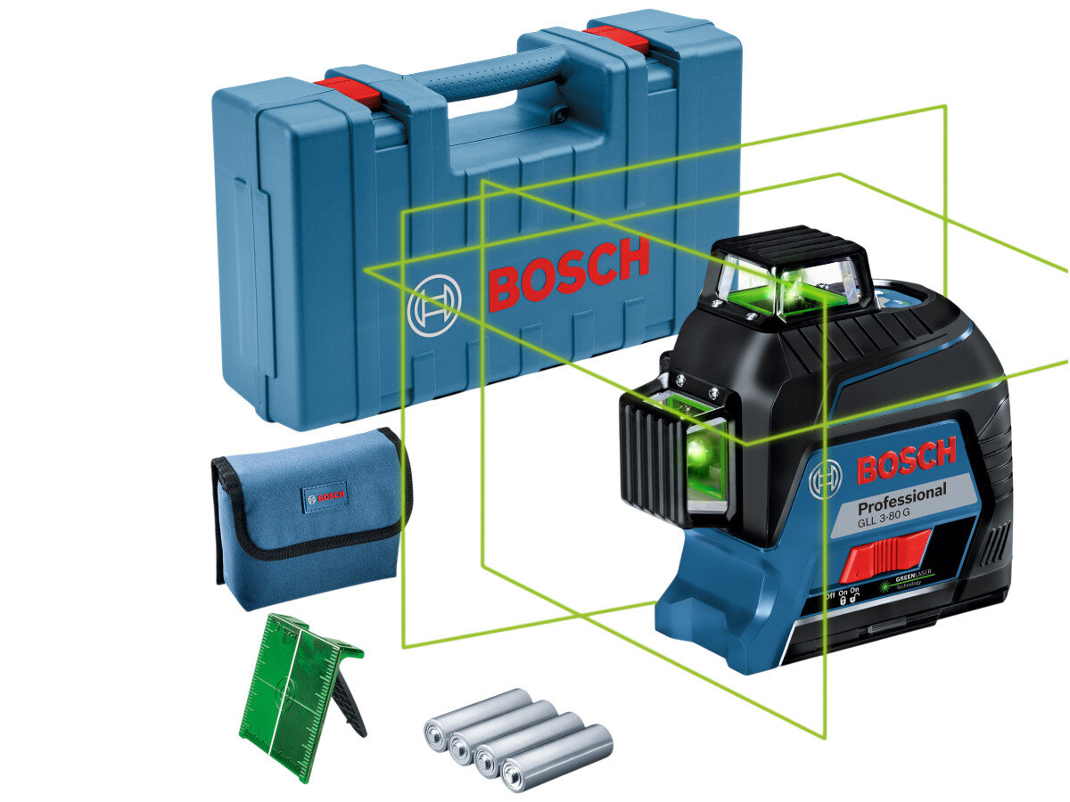 Laser liniowy BOSCH Professional GLL 3-80 G 0601063Y00, światło, płaszczyzna, wzrok, kąt, Zawartość zestawu: laser, walizka, etui, baterie i tarcza.