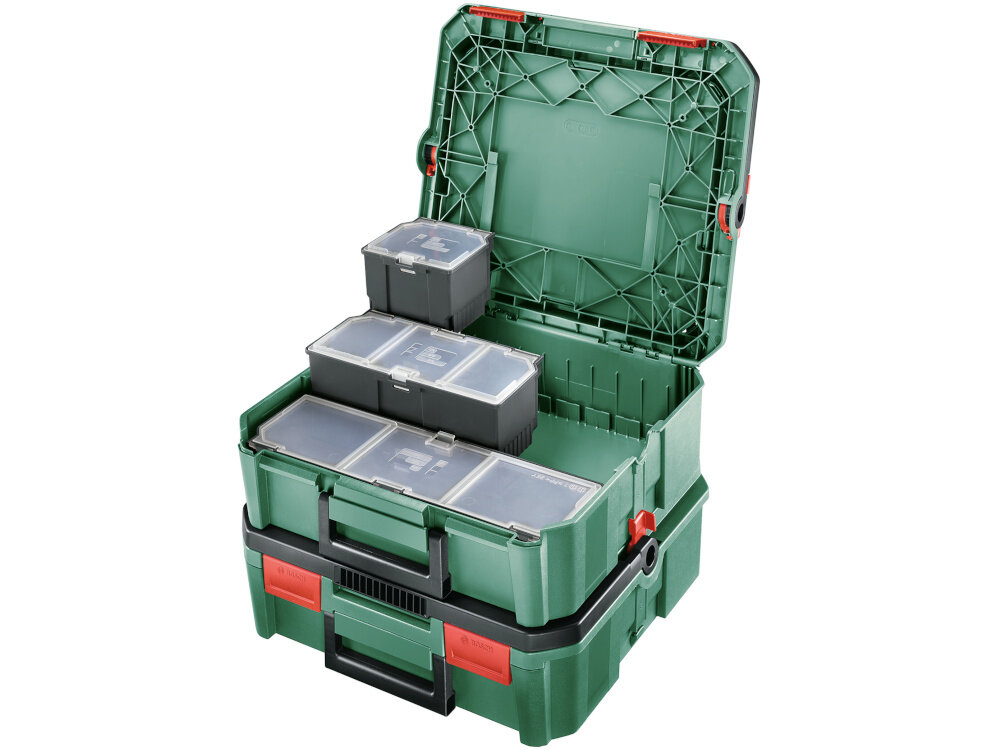 Skrzynka na narzędzia BOSCH SystemBox M 1600A01SR4 skrzynka na białym tle jedna skrzynka na drugiej wewnątrz pojemniki z wytrzymałego tworzywa PP długa żywotność odporność na codzienne użytkowanie waga około 1,46 kg stabilność