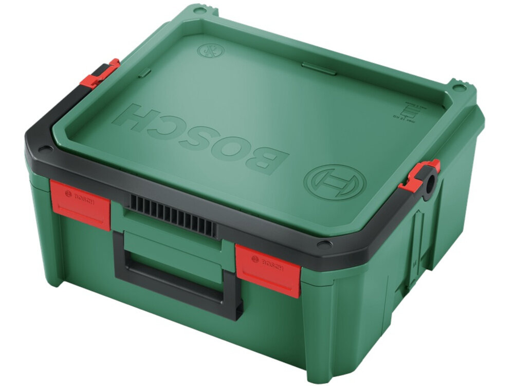 Skrzynka na narzędzia BOSCH SystemBox M 1600A01SR4 skrzynka na białym tle widoczna od przodu pod skosem wymiary 343 × 391 × 171 mm odpowiednią pojemność do przechowywania średnich i większych elementów porządek wygoda
