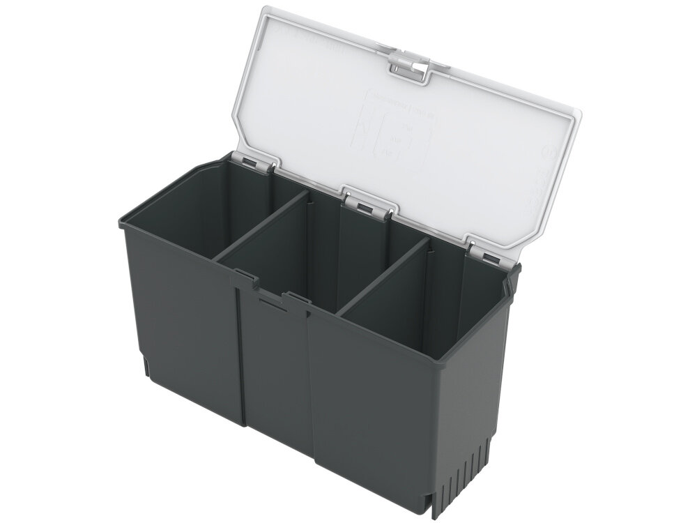 Pudełko BOSCH SystemBox 1600A01V7R białe tło otwarte pudełko z dwoma separatorami z wytrzymałego polipropylenu odporny na intensywne użytkowanie i łatwy w czyszczeniu wymiary 105 × 235 × 133 mm waga 0,230 kg funkcjonalność zestawu BOSCH SystemBox