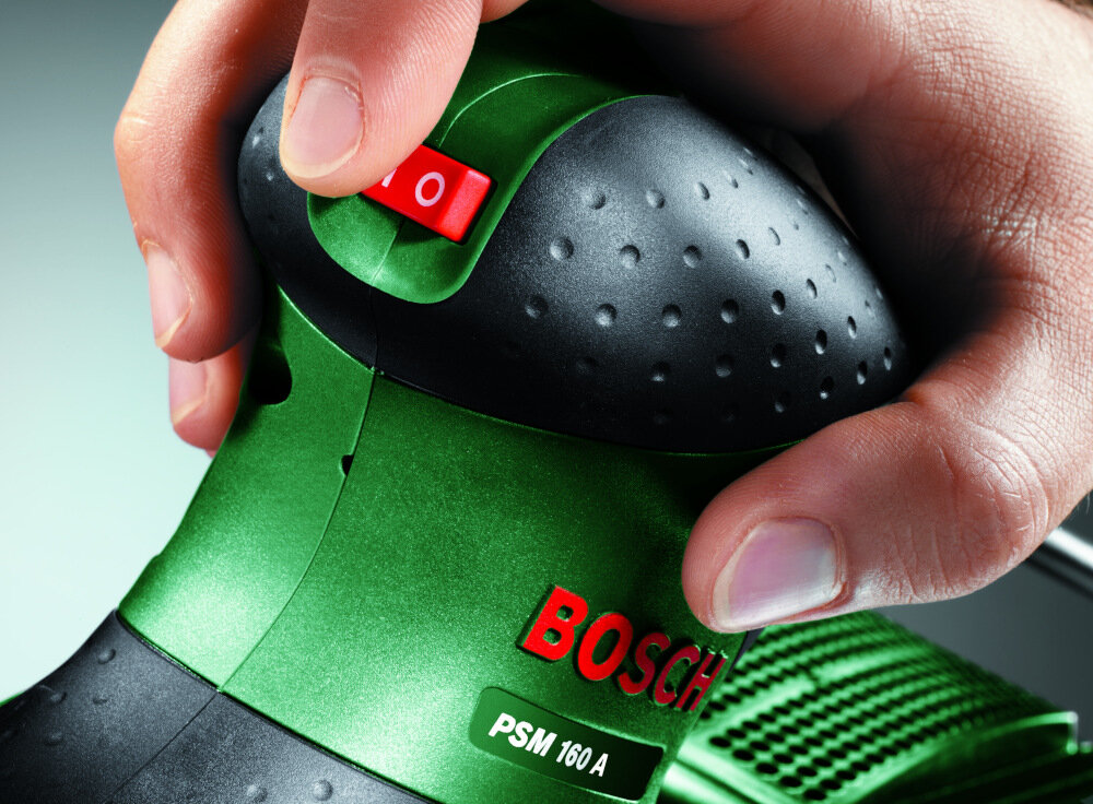 Szlifierka oscylacyjna BOSCH PSM 160 A silnik szczotkowy wdajny moc 160 W predkosc obrotowa do 24000 obr/min duzy wlacznik glowny