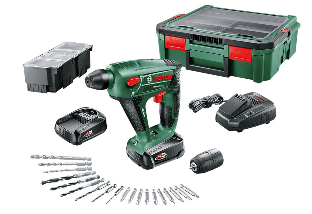 Młotowiertarka BOSCH Uneo Maxx 060395230K zestaw dwa akumulatory ladowarka SystemBox adapter do uchwytow okraglych 19-czesciowy zestaw wiertel i koncowek dokumentacja