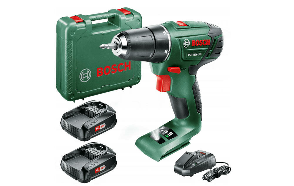 BOSCH PSR 1800 LI-2 akumulator ładowarka walizka końcówka wkręcająca instrukcja gwarancja zestaw