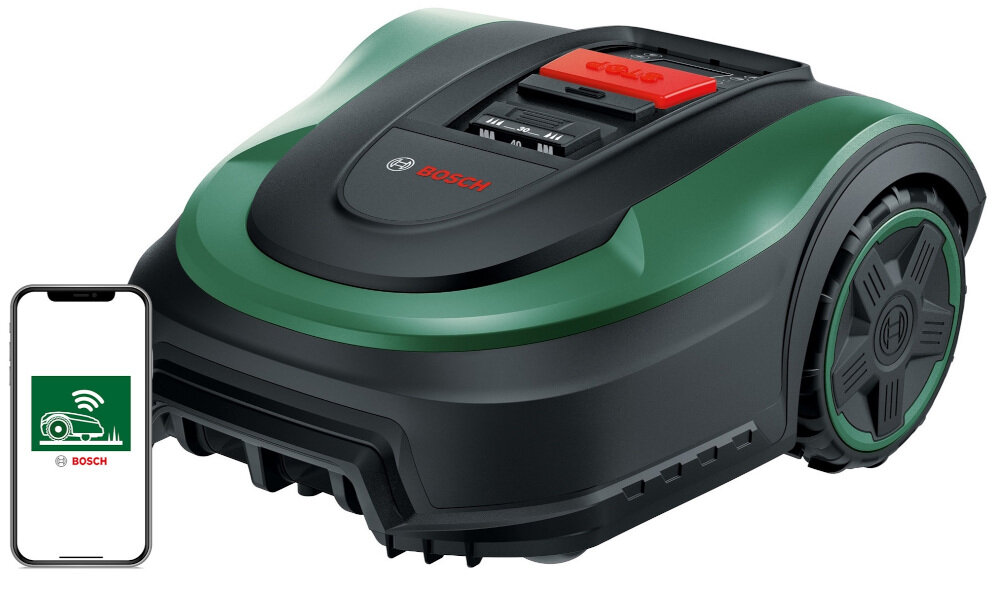 Robot koszący BOSCH Indego S+ 500 sterowanie Wi-Fi zdalne sterowanie za pomocą Wi-Fi aplikacja Bosch Smart Gardening współpracuje z Amazon Alexa Google Assistant funkcja SmartMowing plan pracy w oparciu o wielkość trawnika prognozę pogody indywidualne preferencje 3 trawniki o powierzchni do 500 m 2