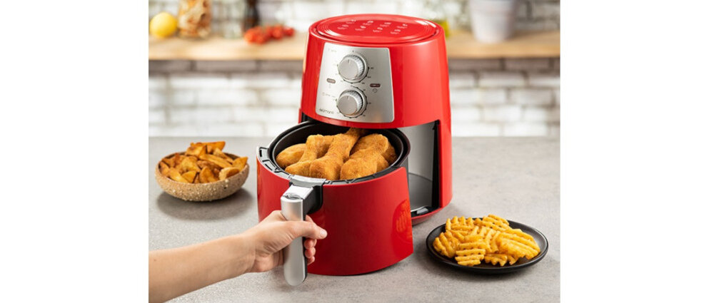 Frytkownica beztłuszczowa DELIMANO 110064493 Czerwony air fryer pro mnien tluszczu mniej kalorii zdrowo smacznie warzywa na parze domowy chleb funkcje