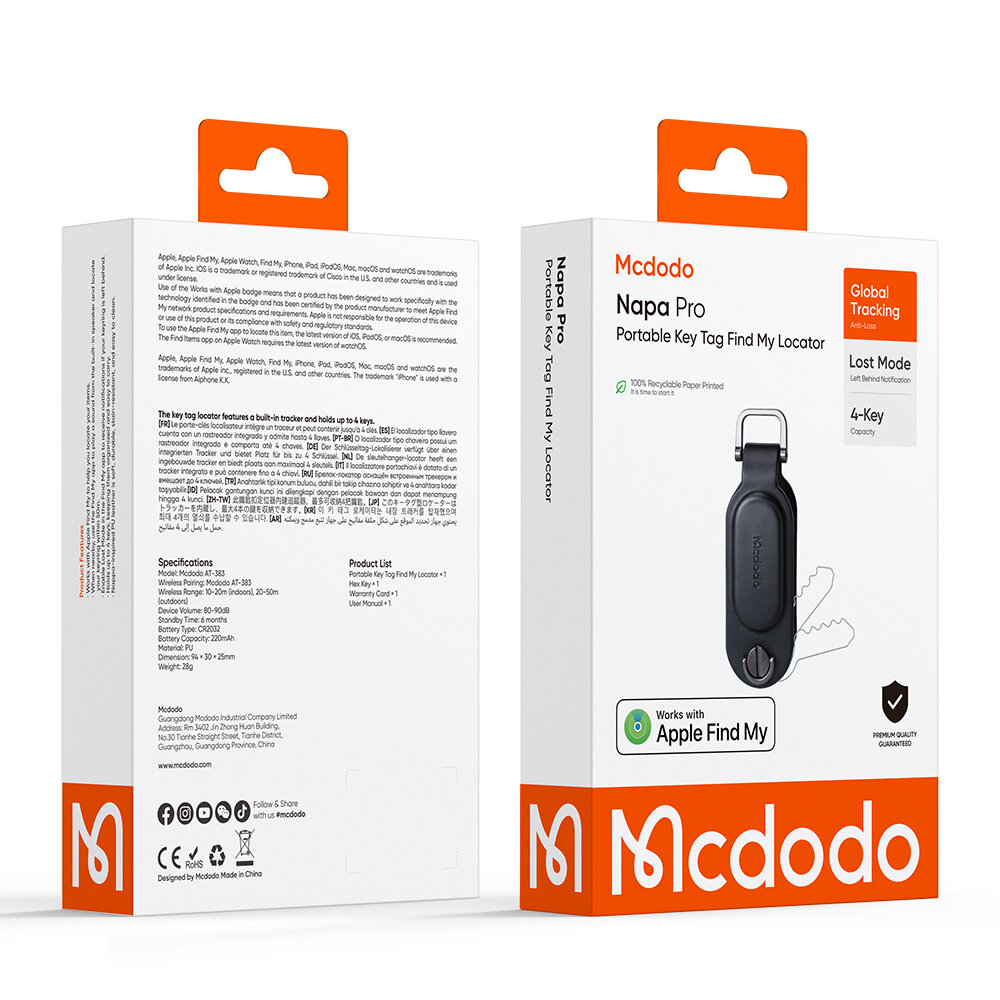 Opakowanie produktu Mcdodo Napa Pro Portable Key Tag Find My Locator w kolorze czarnym, z widocznym logo Mcdodo i informacją o kompatybilności z Apple Find My. Na opakowaniu znajdują się również informacje o trybie Lost Mode i pojemności na 4 klucze.