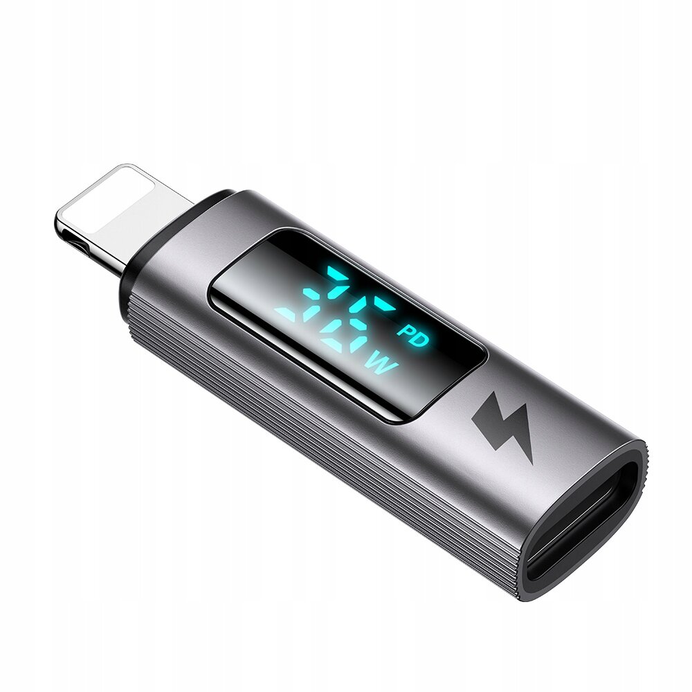Srebrny adapter USB-C do Lightning z wyświetlaczem pokazującym \'5V\', \'2.4A\', \'PD\' i \'36W\'. Na obudowie widoczny jest symbol błyskawicy.