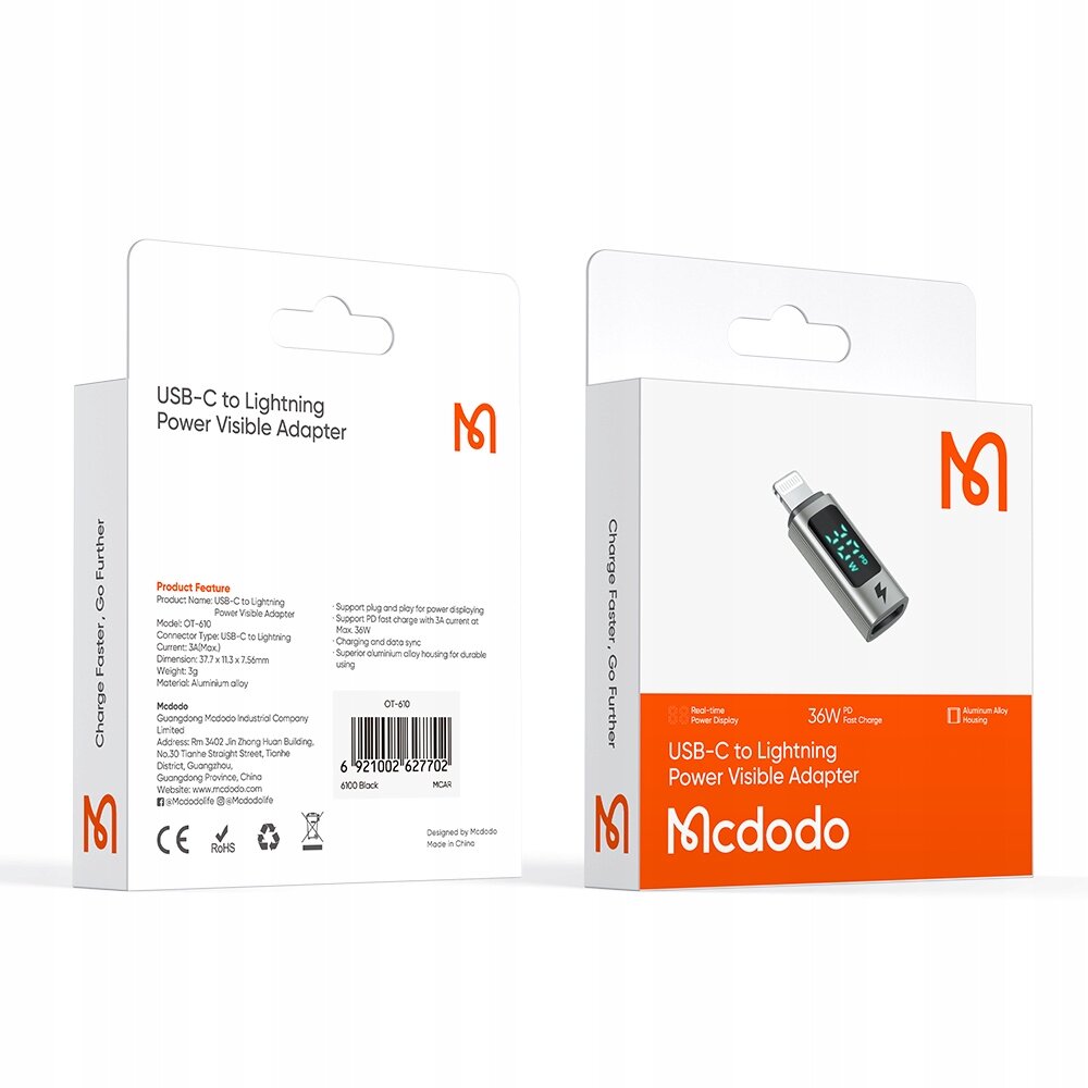 Opakowanie produktu Mcdodo Adapter Przejściówka USB-C USB Typ C z widocznym adapterem na froncie. Na opakowaniu widnieje tekst: \'USB-C to USB-C Power Visible Adapter\' oraz \'100W PD Fast Charge\'.