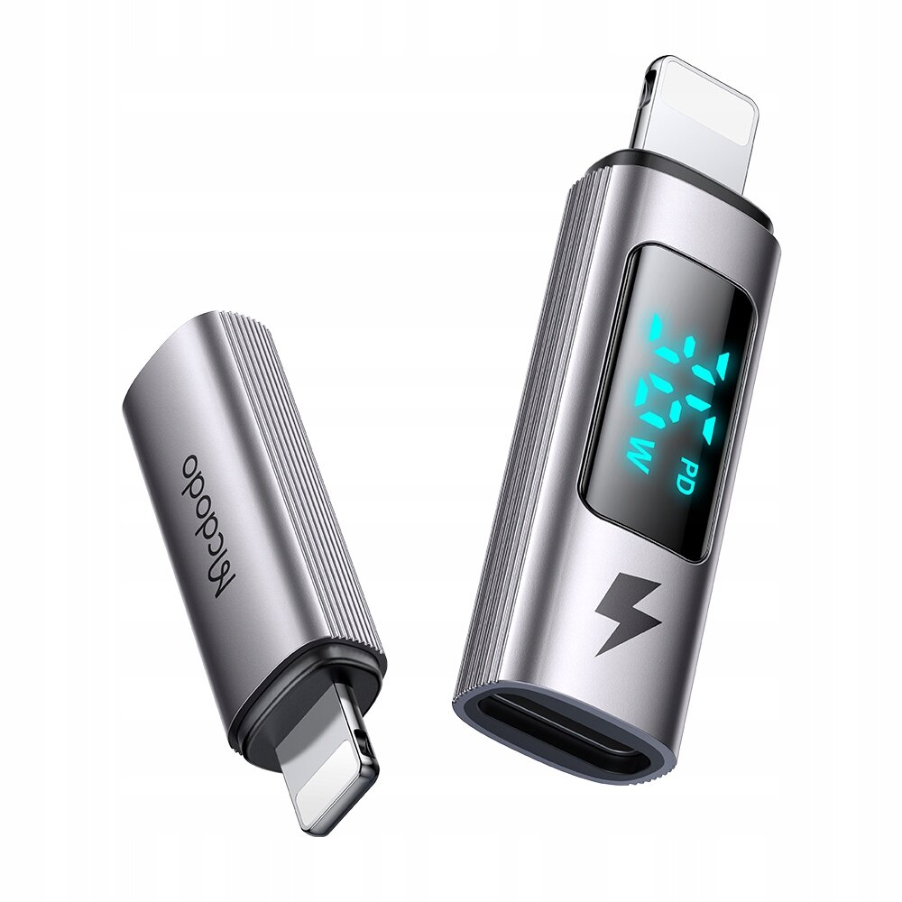 Na obrazie widoczne są dwa metaliczne adaptery USB-C do Lightning. Jeden z nich ma wyświetlacz z niebieskimi cyframi i symbolem błyskawicy, a drugi logo \'mcdodo\'.
