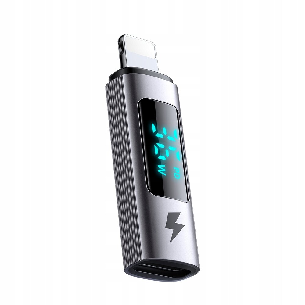 Srebrny adapter USB-C do Lightning z wyświetlaczem pokazującym wartości \'71%\' i \'36W PD\'. Na obudowie widoczny jest symbol błyskawicy.