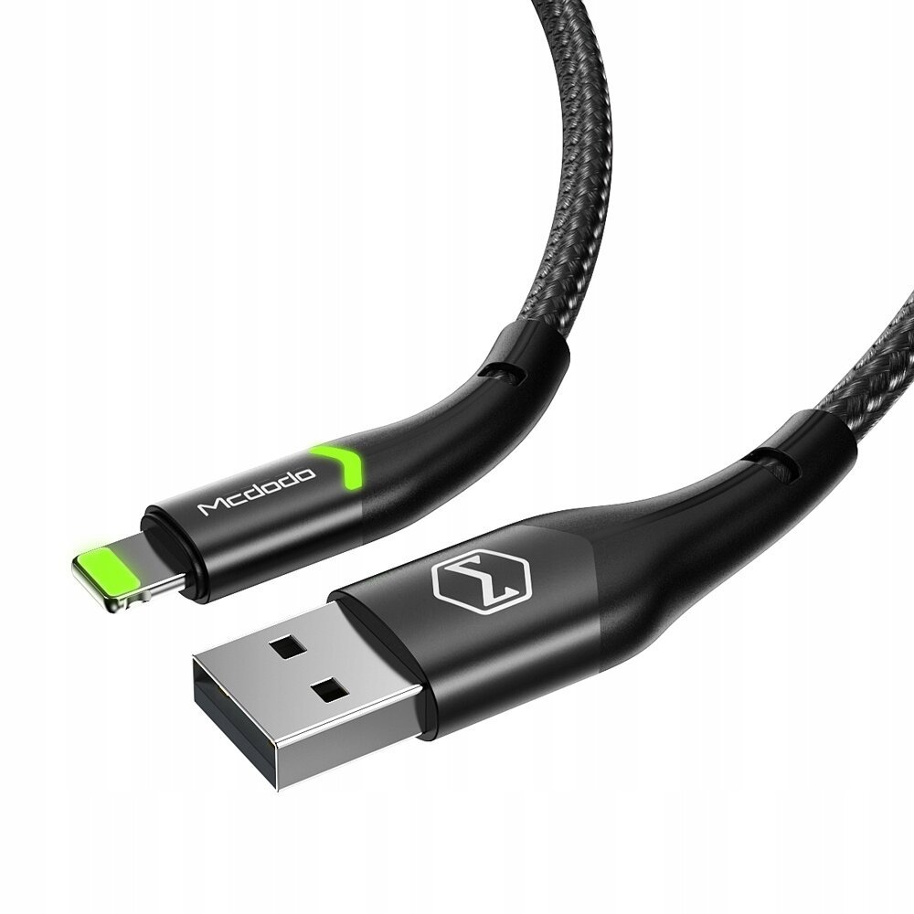 Czarny kabel USB z końcówką Lightning, posiadający zielone elementy i logo \'Mcdodo\' na jednej z wtyczek. Druga wtyczka USB ma symbol przypominający literę \'Z\'.