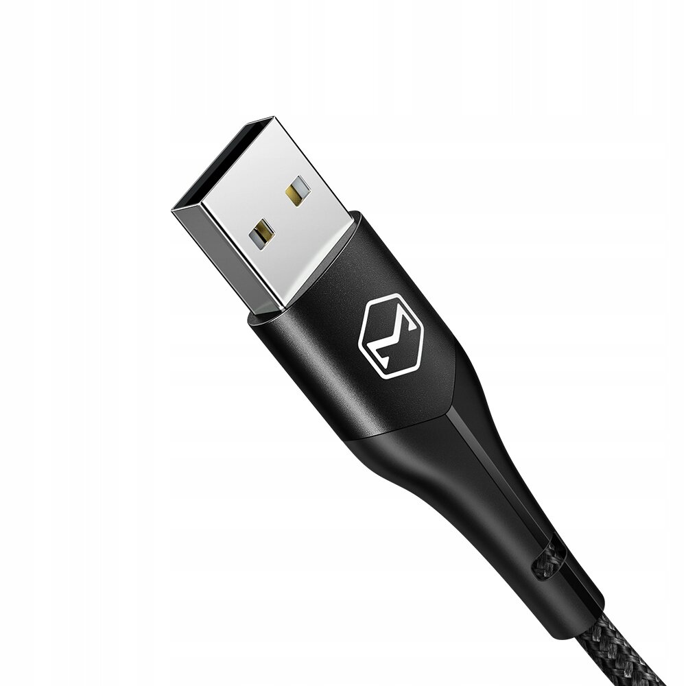 Czarny kabel USB z metalową wtyczką i widocznym logo w kształcie sześciokąta na obudowie wtyczki.